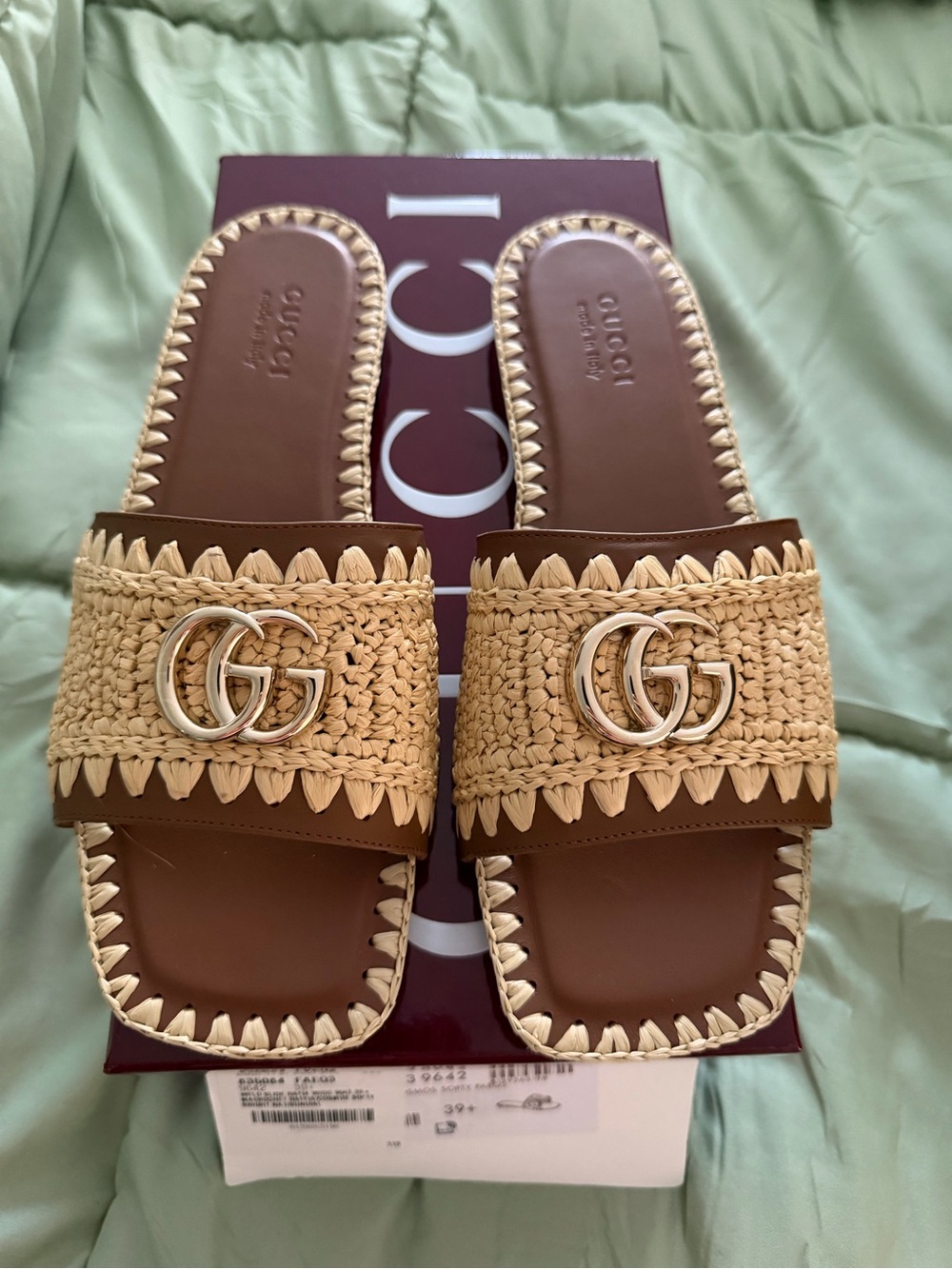 Gucci Brown Leather & Natural Raffia GG Slide Sandals